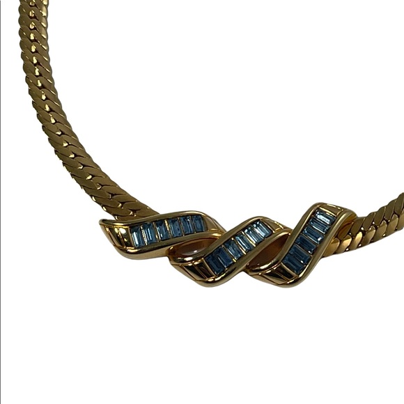 Vintage 1980s Swarovski authentic (SAL) blue Crystal gold choker necklace - Picture 4 of 8